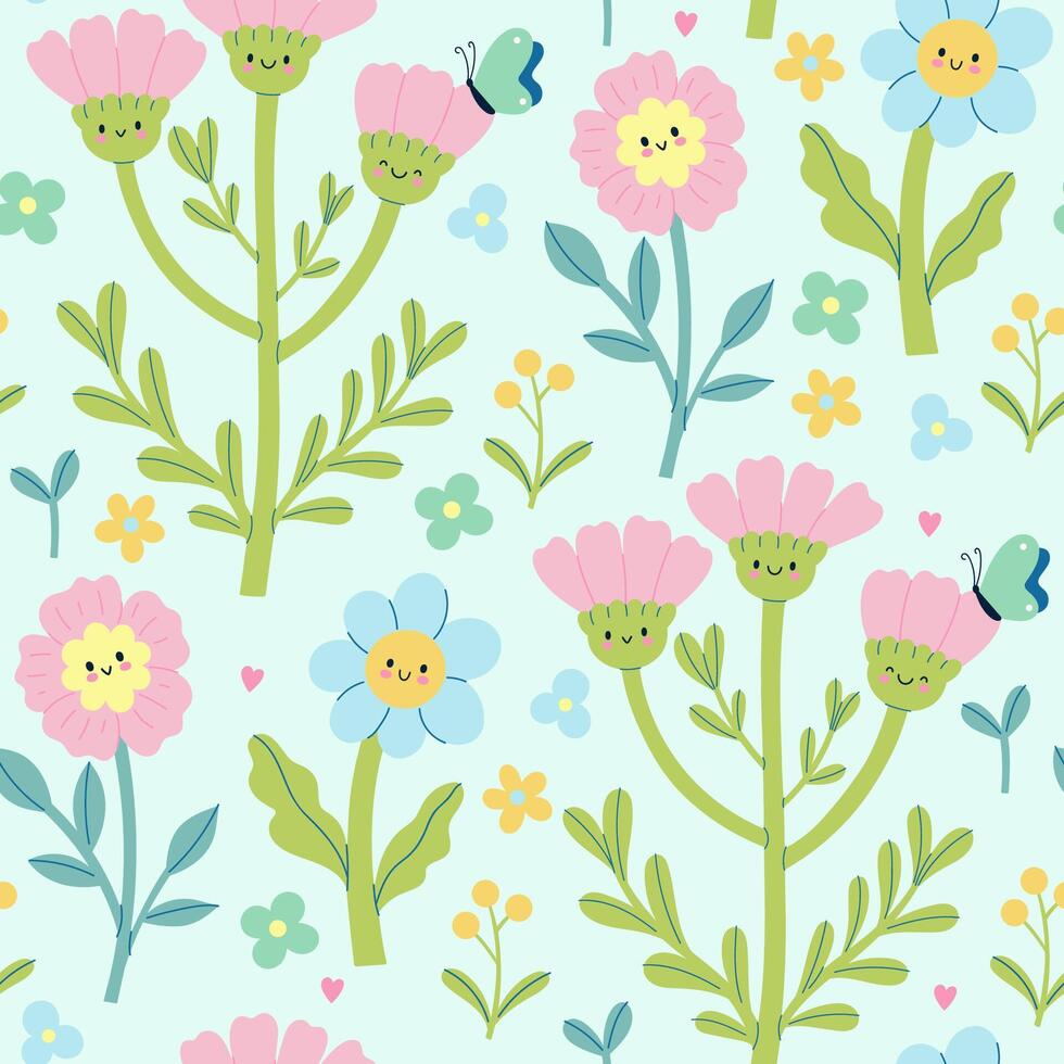 Seamless pattern with cute flowers with faces. graphics vector