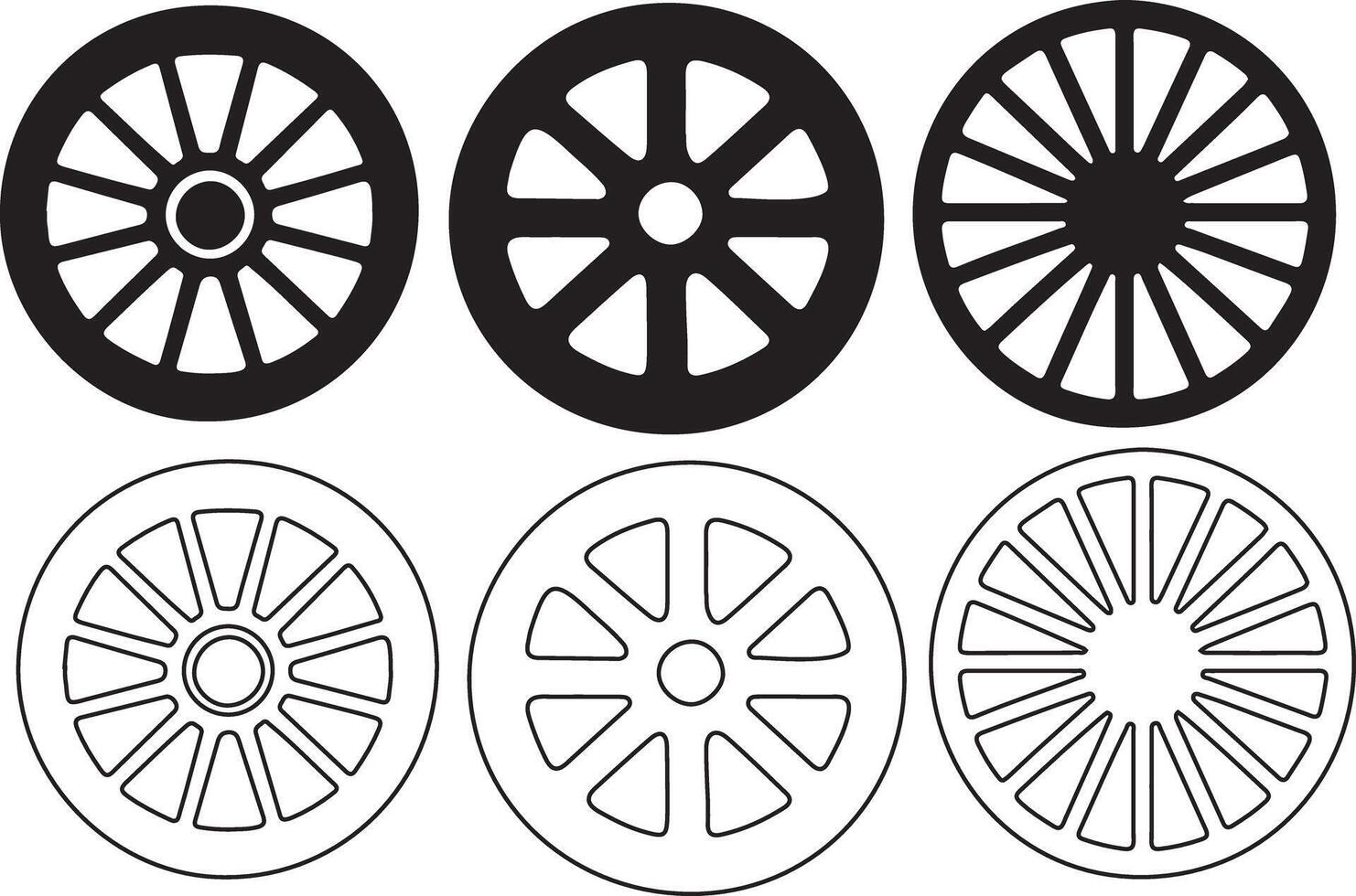 Wagon wheel silhouette icon bundle on white background vector
