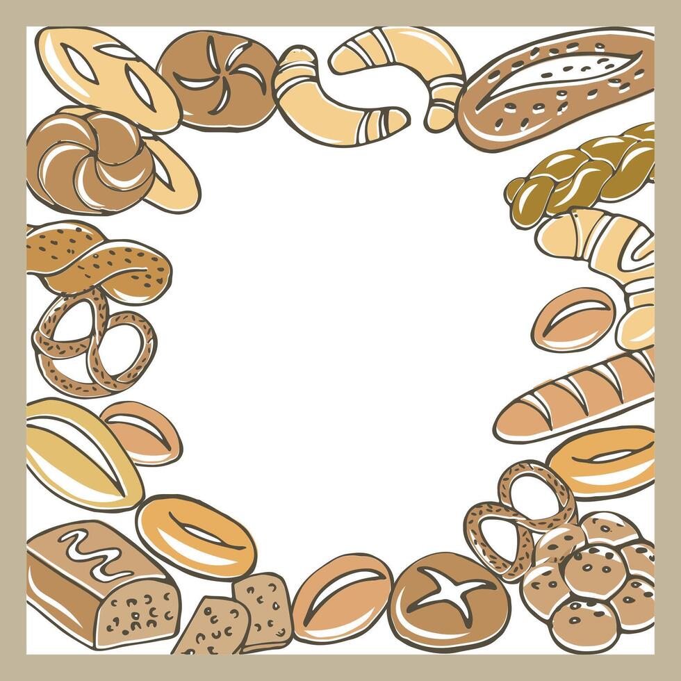 Frame of different bakery products, bread, croissants, pie. Bakery menu. vector