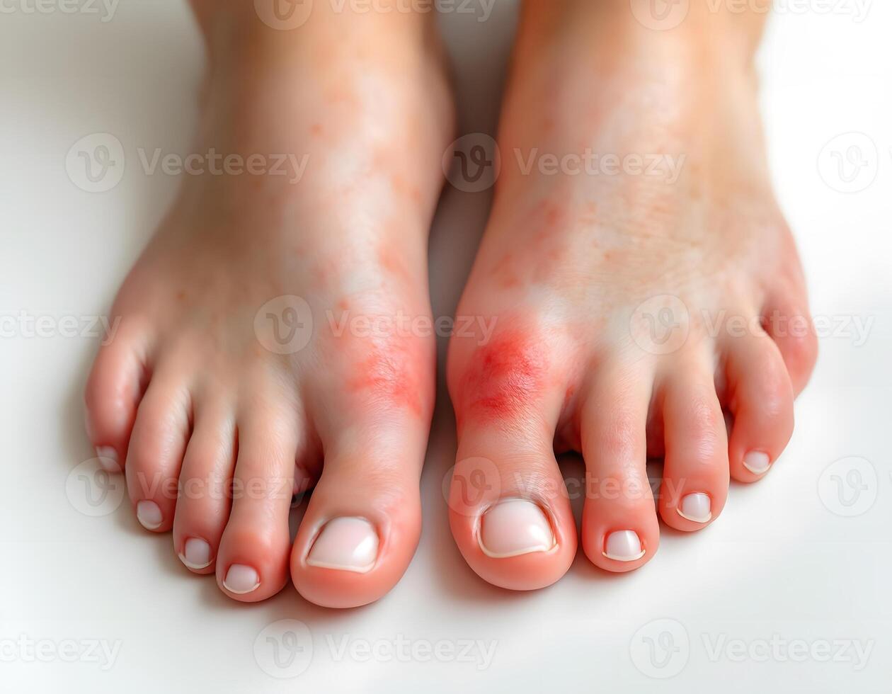 Close up Image of Feet with Red, Inflamed Joints, Possible Gout or Allergic Reaction. photo