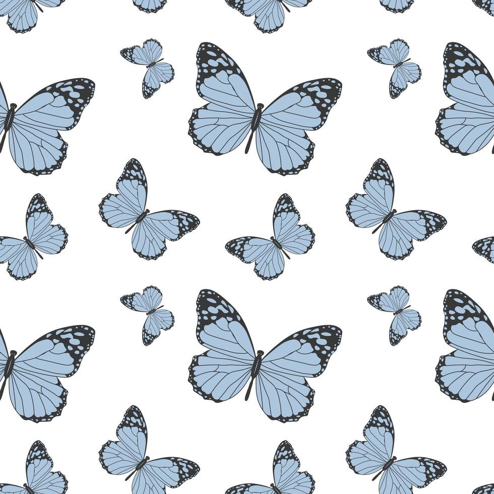Seamless pattern of delicate blue flying butterflies, poster. Wall art, illustration in flat style vector