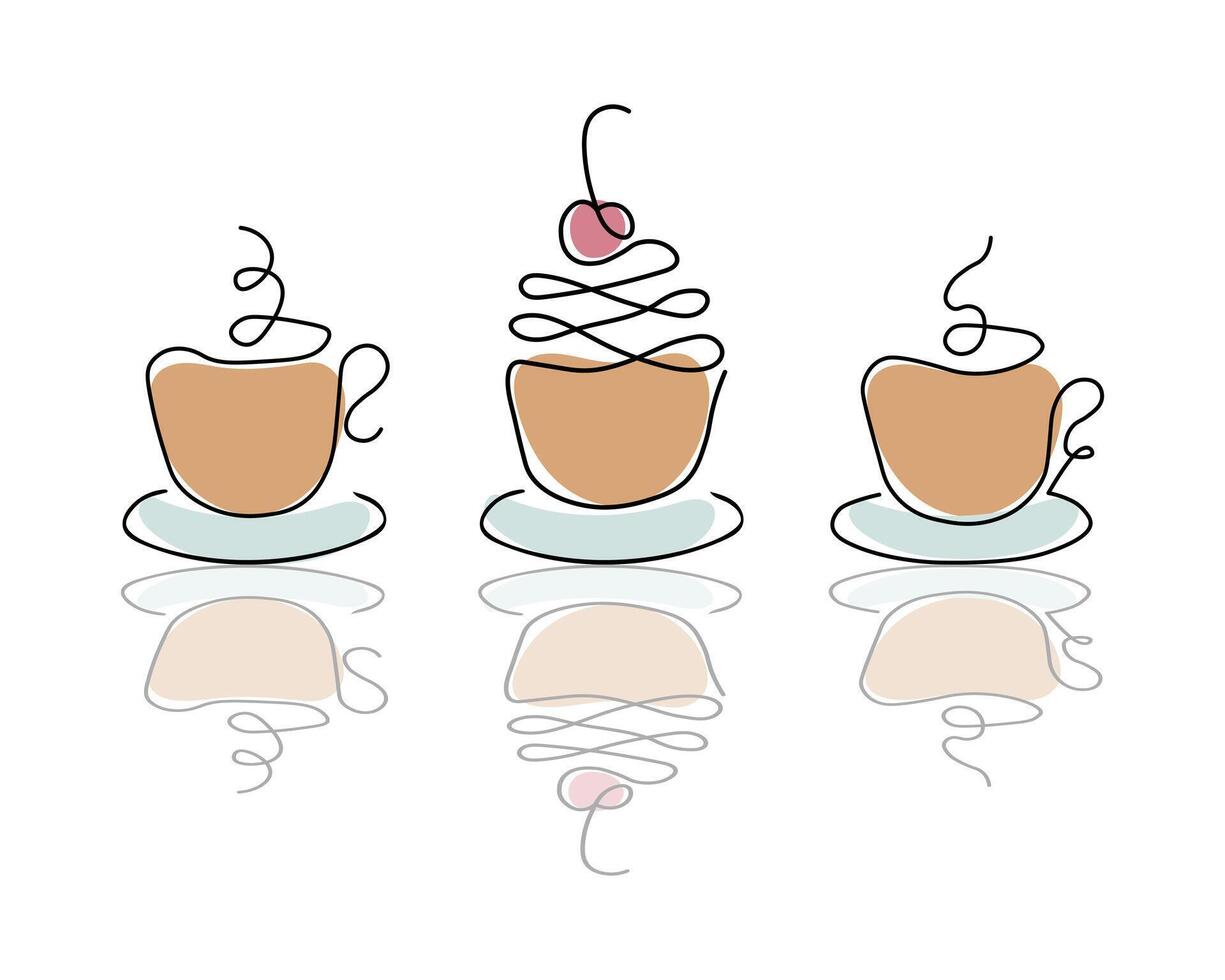 Contour cups of coffee and dessert on a white background. Black line with added colo vector