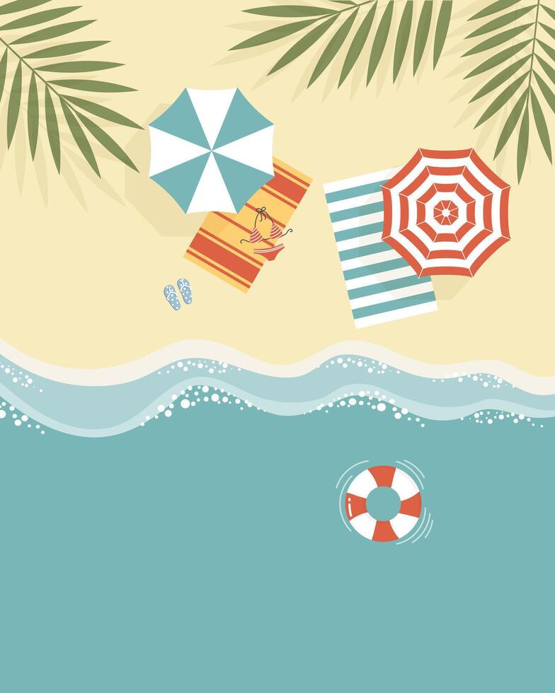 Top view seascape, beach umbrellas, inflatable balls and tropical leaves on the sandy shore. Travel concept. Illustration. vector