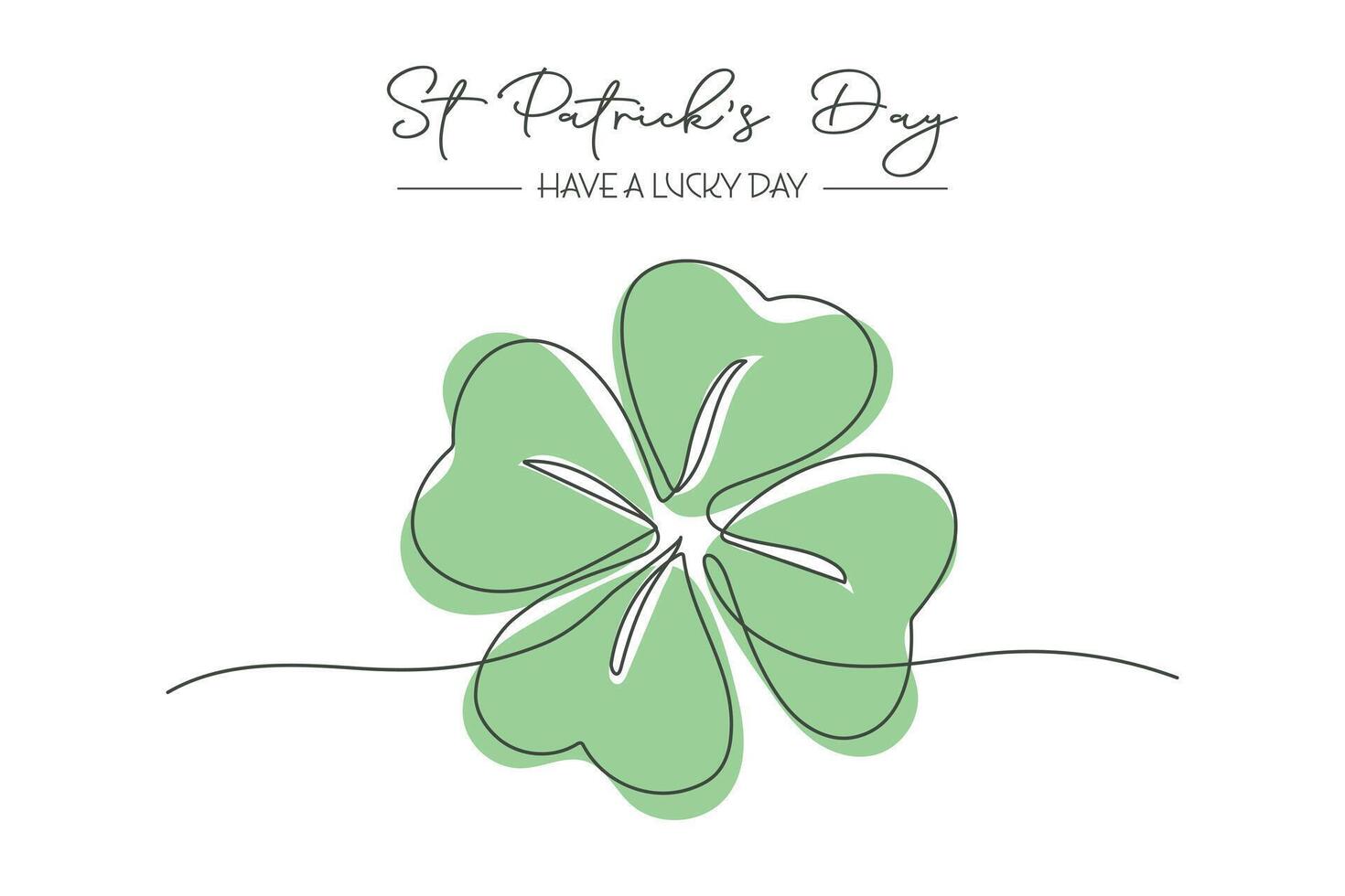 Happy St. Patricks Day greeting card with shamrock. Continuous one line drawing of clover leaf. Holiday Illustration vector