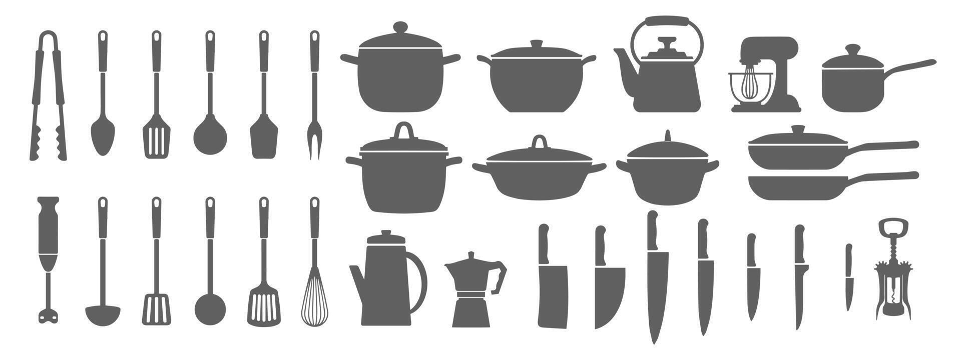 Big set of kitchen utensils and cookware, silhouette. Pots pans ladle kettle coffee maker mixer blender. Icons, illustration. vector