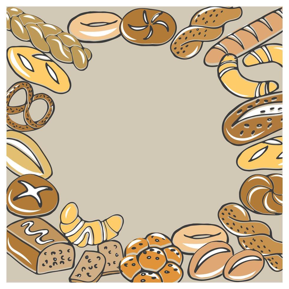 Frame of different bakery products, bread, croissants, pie. Bakery menu. Flat hand drawn illustration vector
