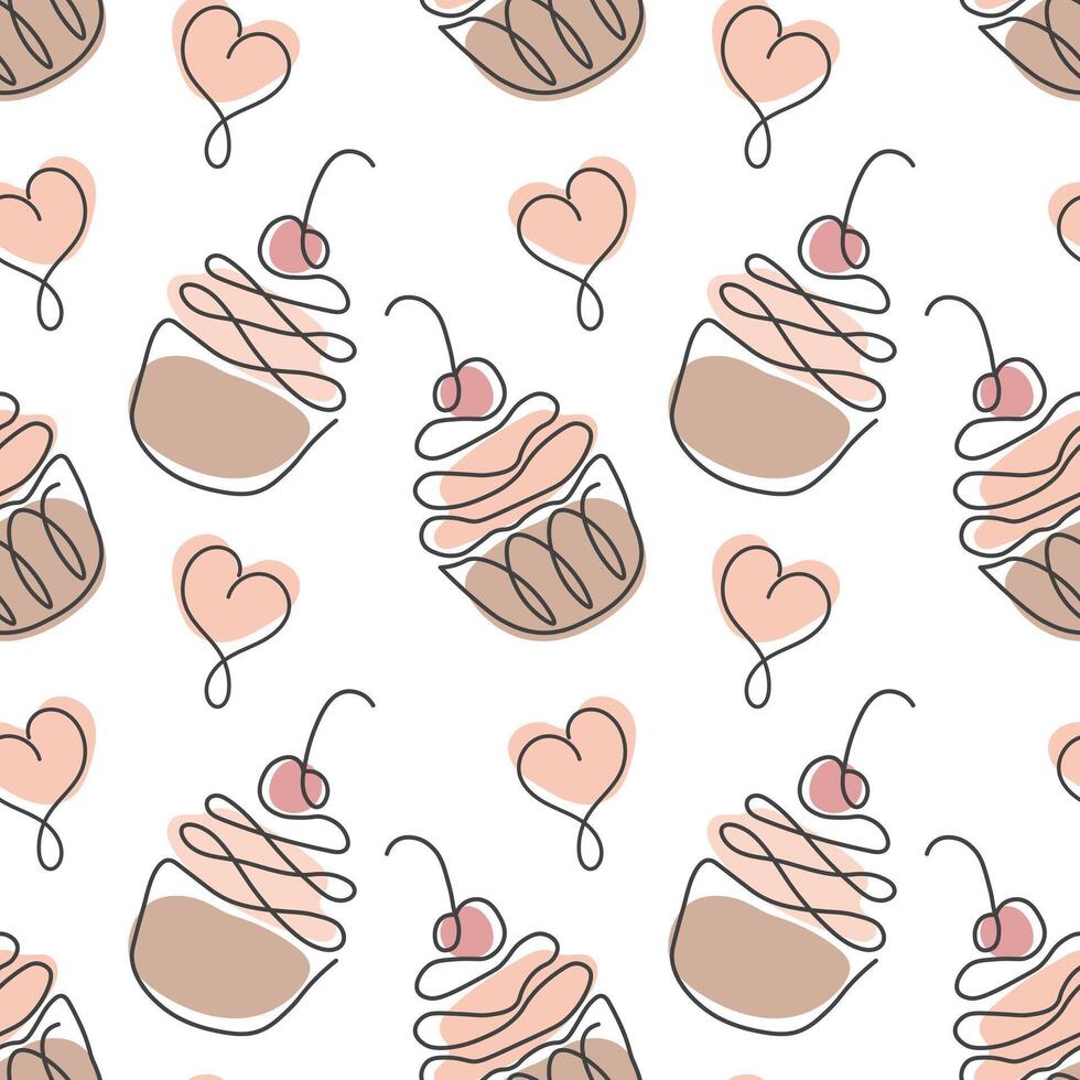 Seamless pattern, contour cupcakes and hearts on a white background. Black line with added color vector