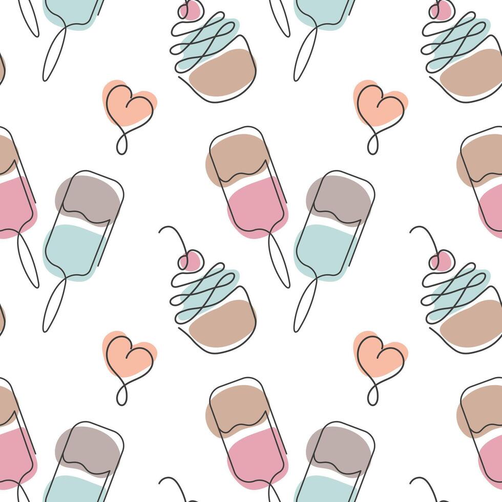 Seamless pattern, contour ice creams and cupcakes on a white background. Black line with added color vector