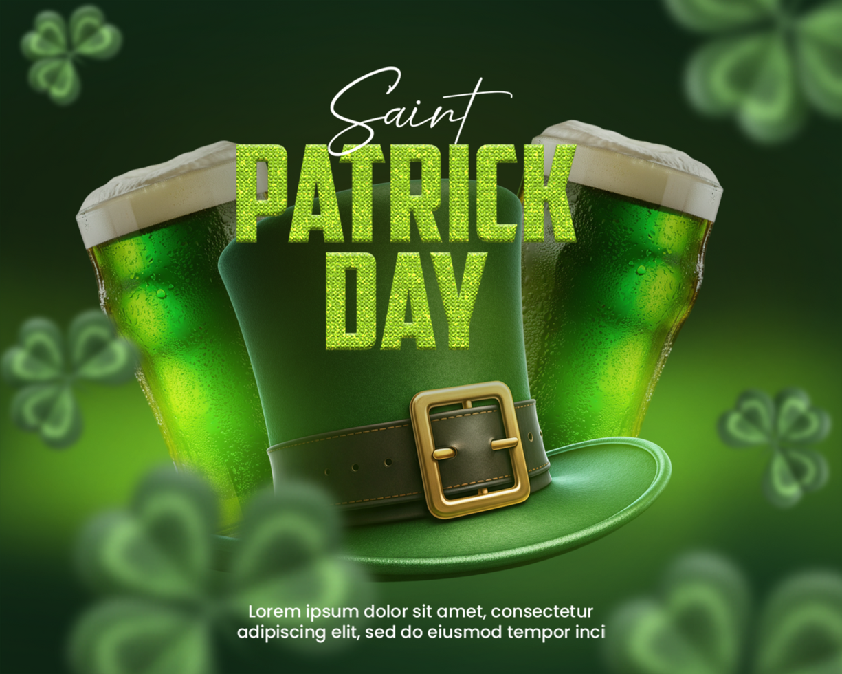 Happy saint Patrick day poster with Leprechaun hat and beer glasses Lucky St Patrick celebration psd