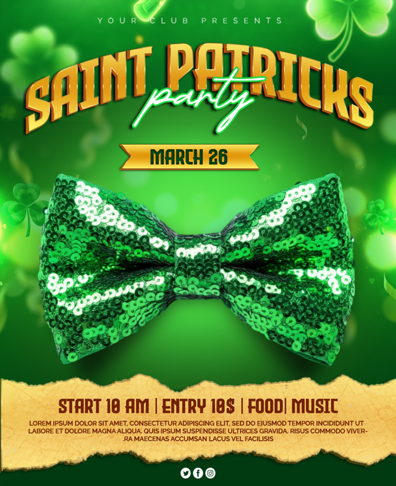 saint Patrick day celebration poster with Leprechaun hat and clover design ST Patrick card psd