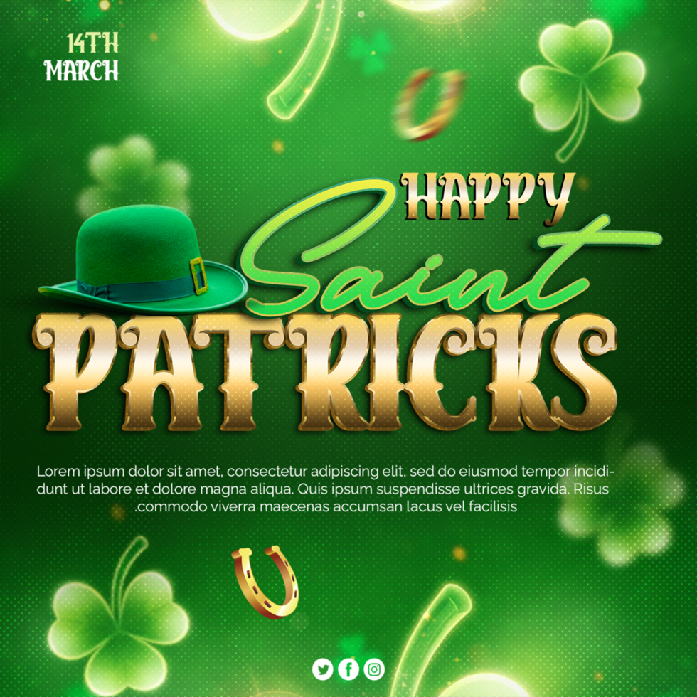 saint Patrick day celebration poster with hat and clover design background ST Patrick greeting card psd