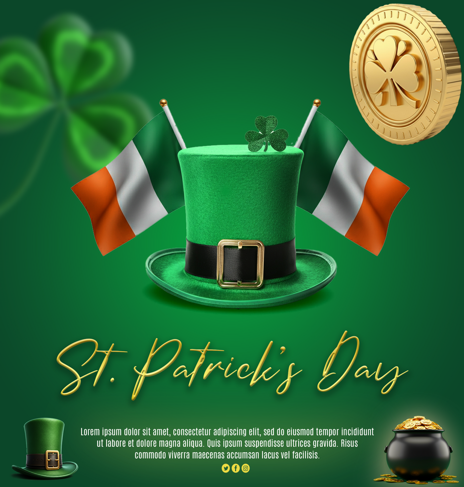 St Patrick Day celebration with Leprechaun hat clover design with flag St Patrick greeting poster psd