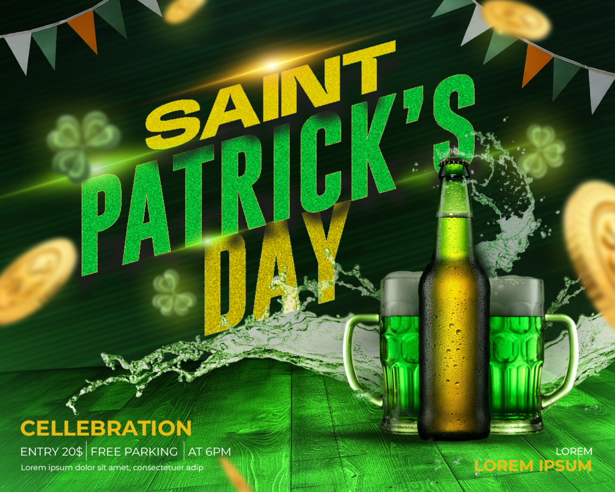 ST Patrick day poster with beer and beer glasses Lucky St Patrick celebration socialmedia post psd