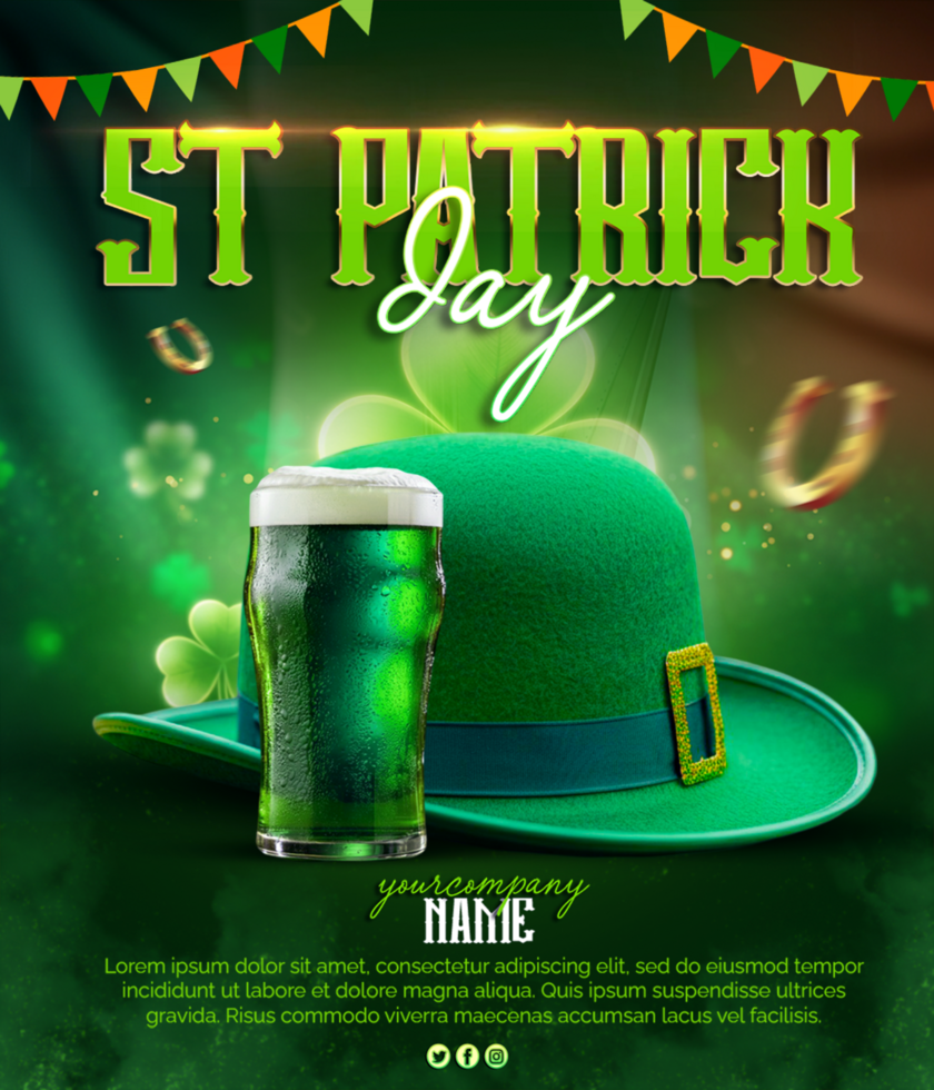 St Patrick Day celebration post with Leprechaun clover hat and drink St Patrick Day poster psd