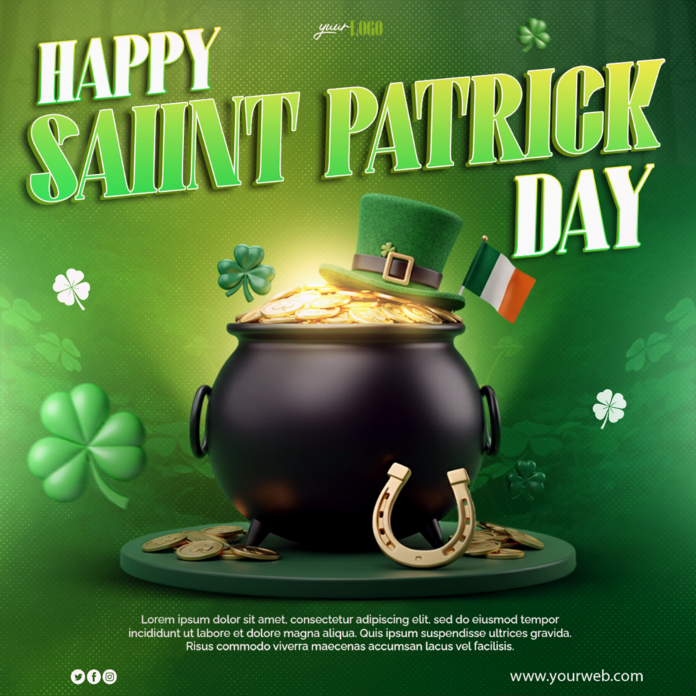 ST Patrick Day Greeting Card with Green Hat and Cauldron Coins Shamrock St Patrick Day psd