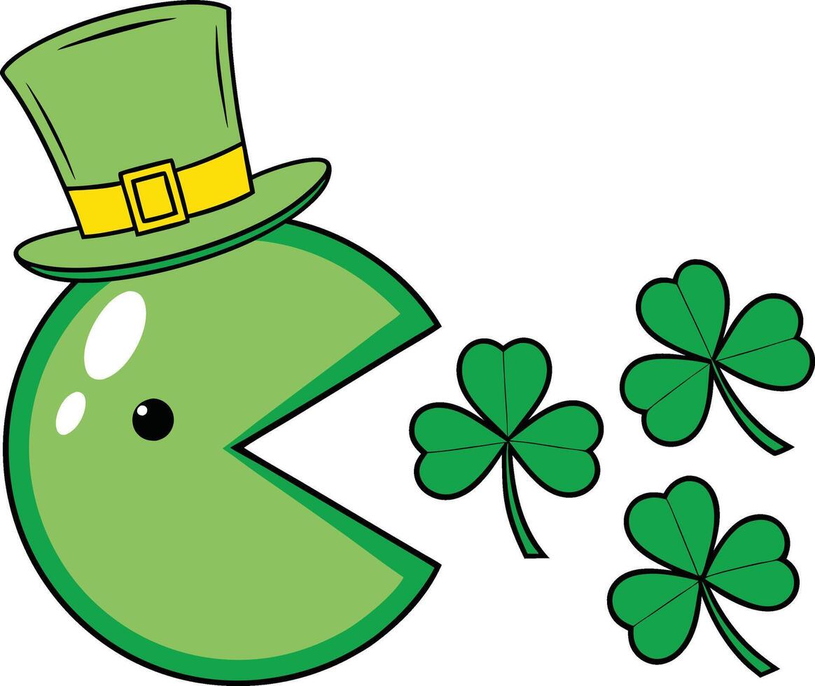 Pac-man with a leprechaun hat eating shamrock. vector