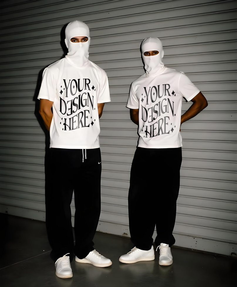 two white t-shirt mockups worn by a person in a ski mask, streetwear tshirt mockup man, tshirt mockup, oversize tshirt mockup psd