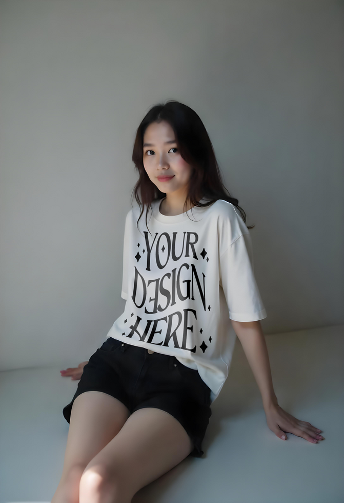white tshirt mockup wearing by asian girl with Posing sitting gray background psd