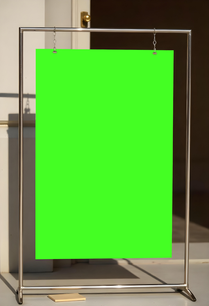 A mockup greenscreen poster hanging from a golden metallic structure psd