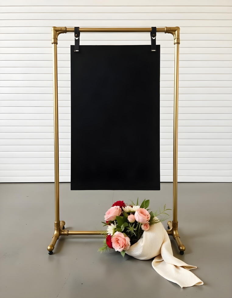 A mockup black poster hanging from a golden metallic structure psd