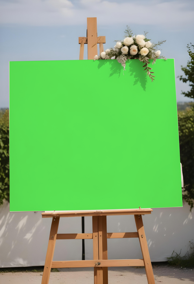 greenscreen canvas mockup in Wooden easel, mockup canvas, painting canvas mockup with flower in outdoor psd