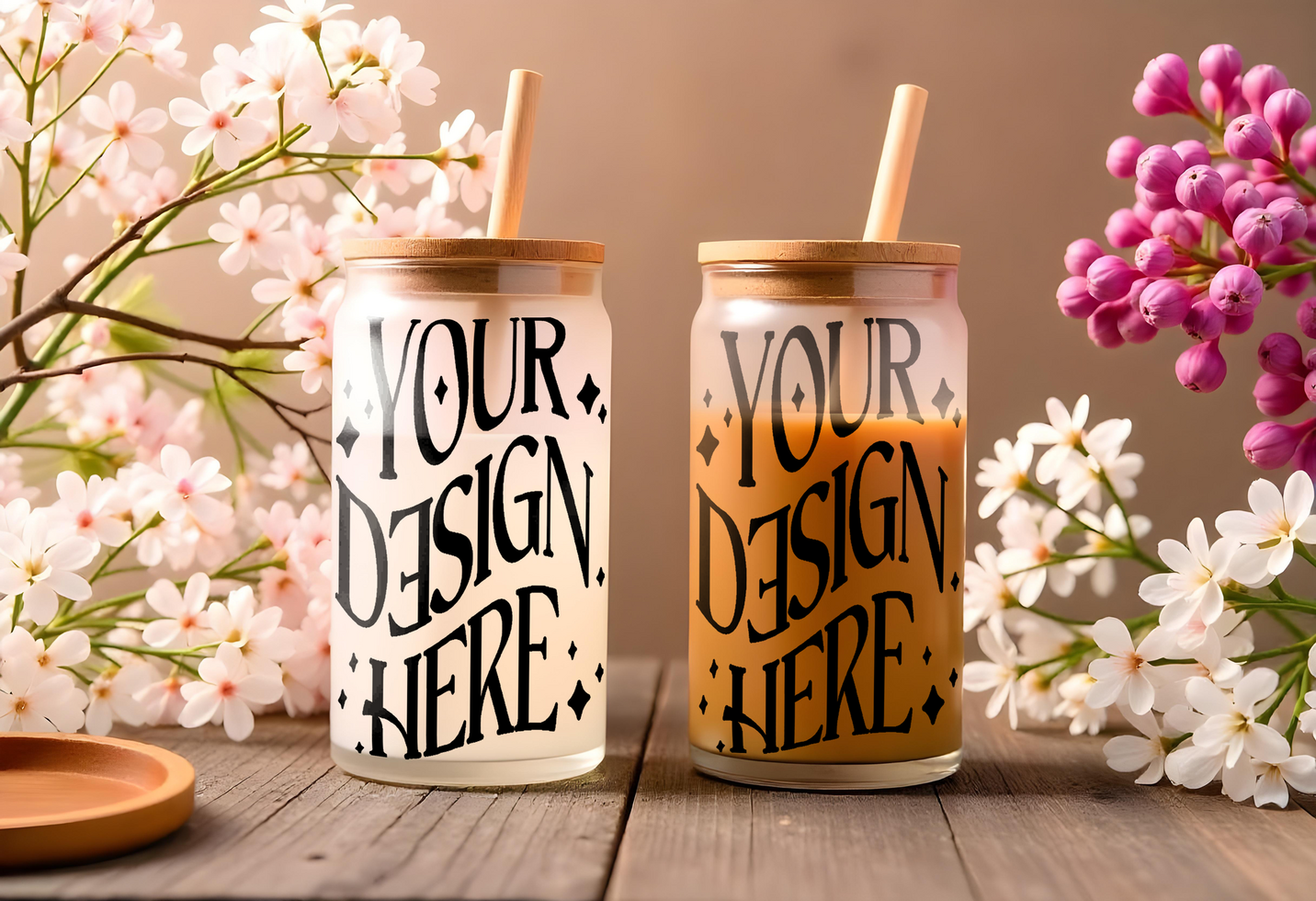 Two mockup glass cups with bamboo lids and straws, mockup cups, jar mockup psd