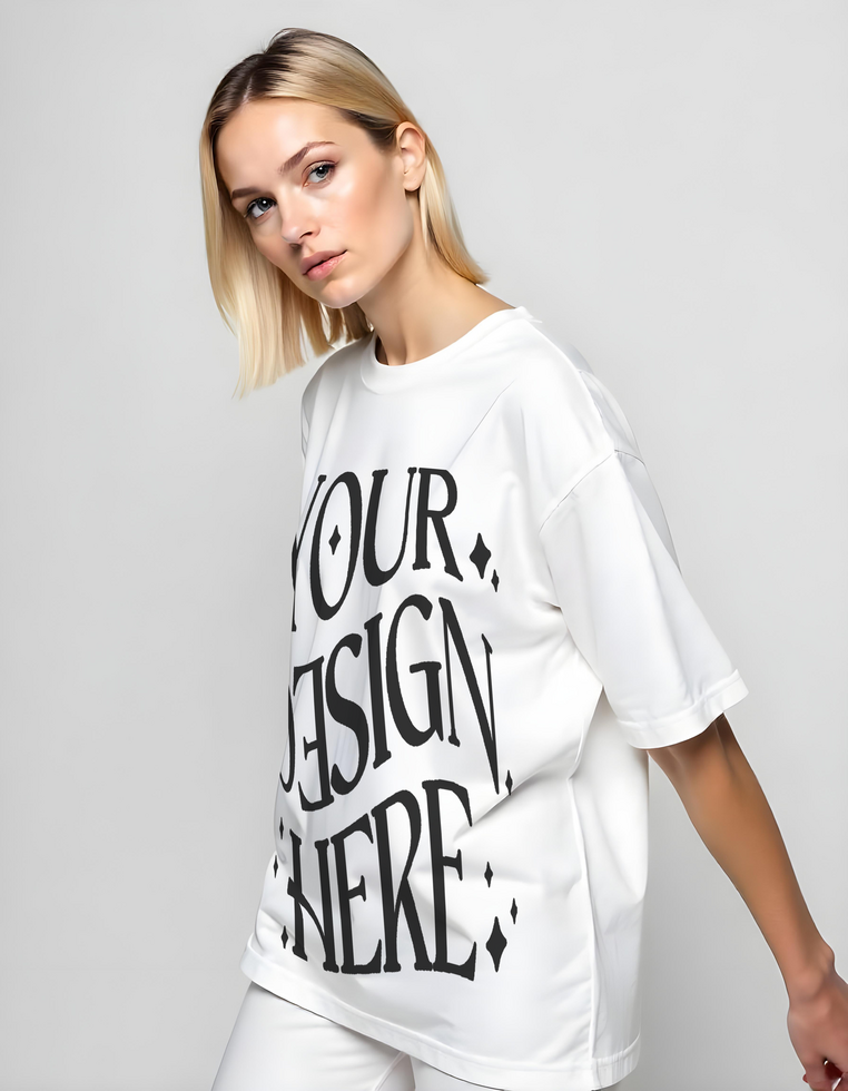 fornt side T-shirt mockup used by blonde haired woman posing beautifully profesional photography psd
