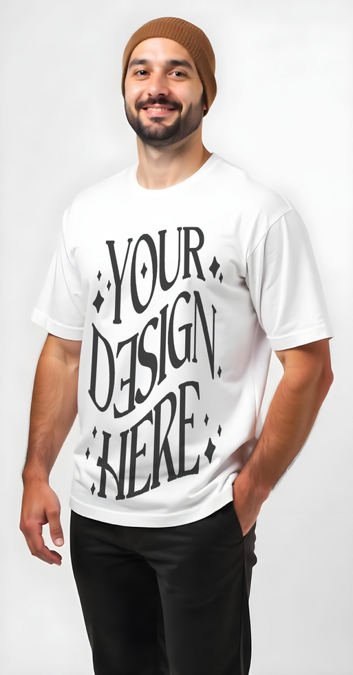 white t shirt on a man with beanie, tshirt mockup man, tshirt mockup, oversize tshirt mockup psd