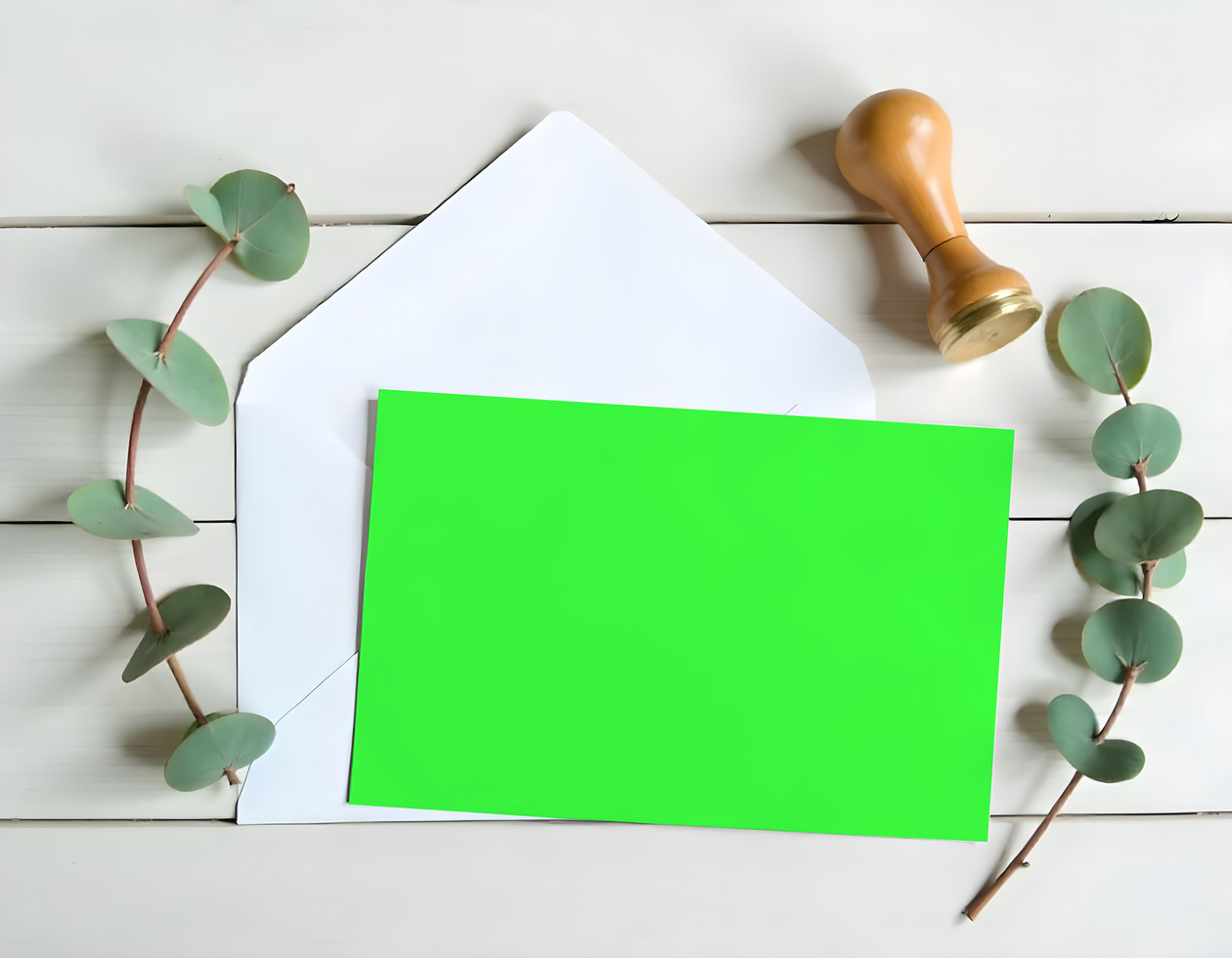 green screen card with envelope seal wax stamp and plant,card mockup, green screen card mockup, invitataion mockup card, paper psd