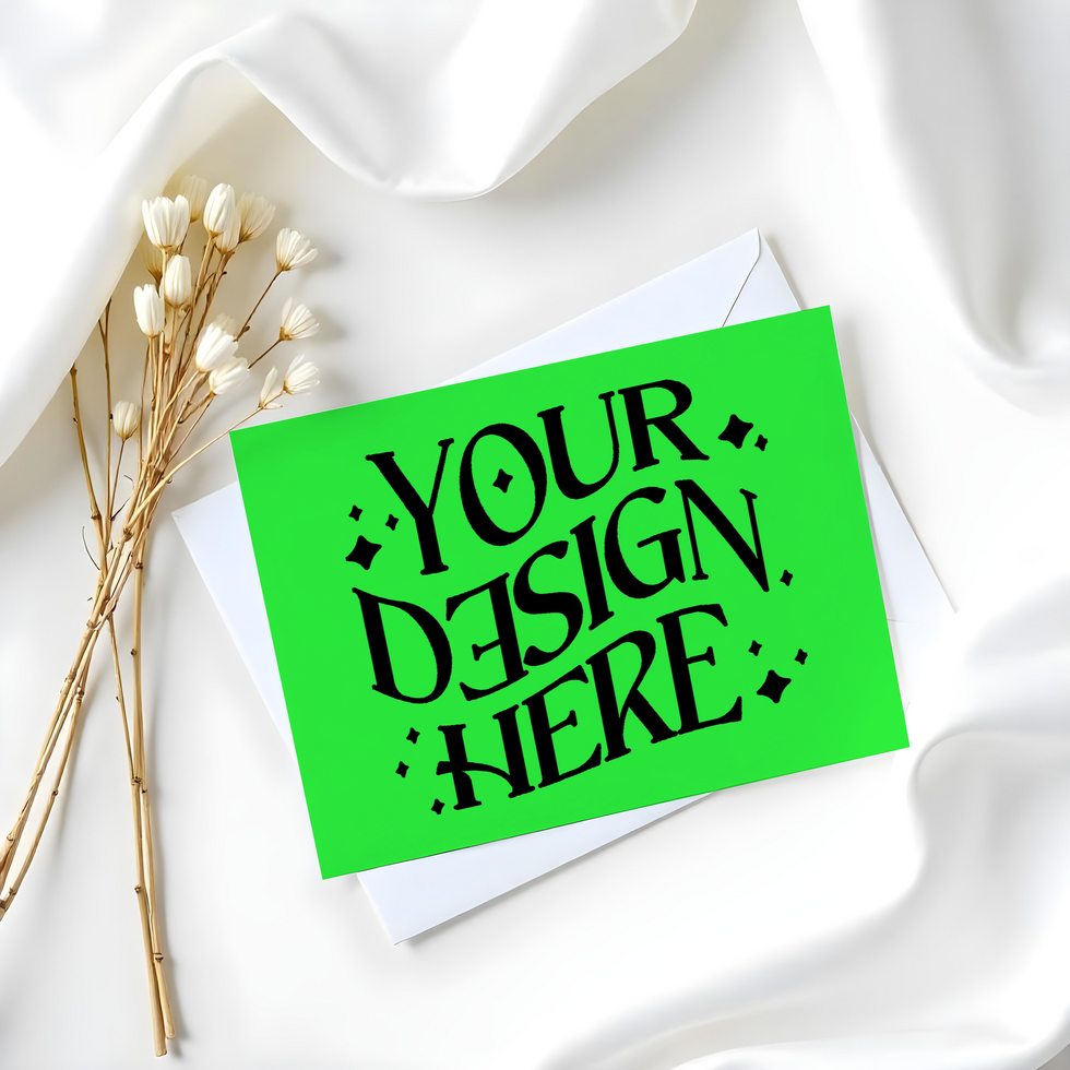blank card with flower ,card mockup on cloth background, green screen card mockup invitataion mockup card psd