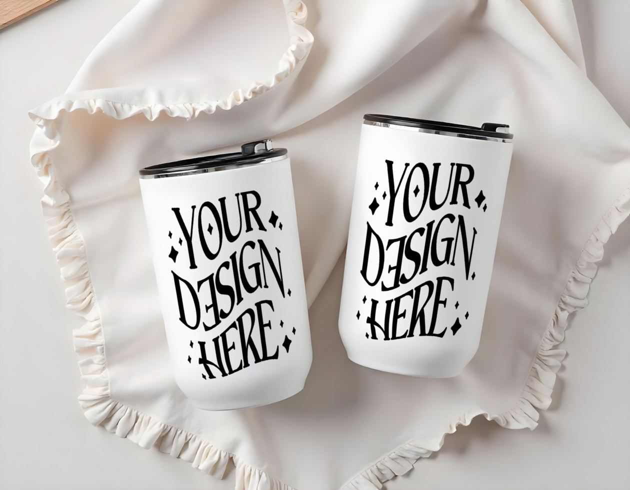 2 of coffee cup mockups, with cloth background, cups mockup psd