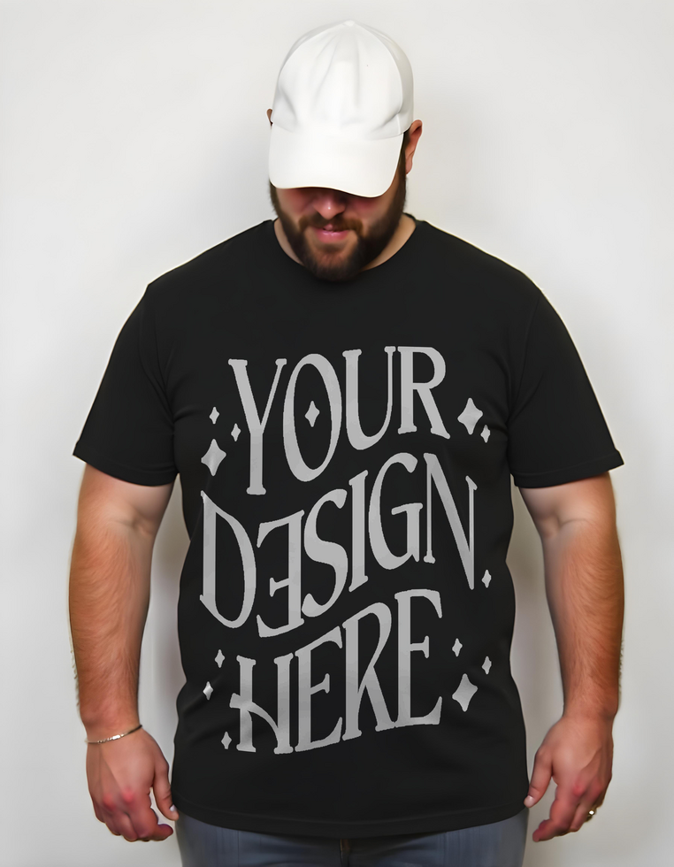 front black t-shirt mockup worn by a big man wearing a white hat, big size tshirt mockup man, tshirt mockup, oversize tshirt mockup psd