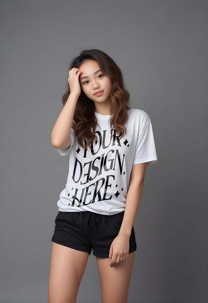 asian portrait of a young woman wearing oversize white t-shirt, mockup t-shirt psd