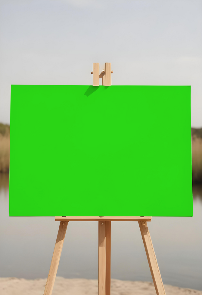 greenscreen canvas mockup in Wooden easel, mockup canvas, painting canvas mockup with river background psd