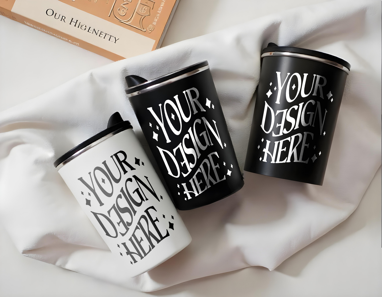 3 of coffee cup mockups, with cloth background, cups mockup, cups mockup psd