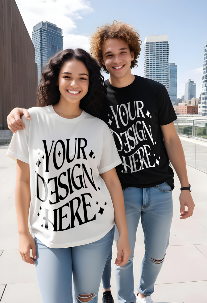 t-shirt mockup wearing by couple with city background, streetwear mockup tshirt , mockup t-shirt couple psd