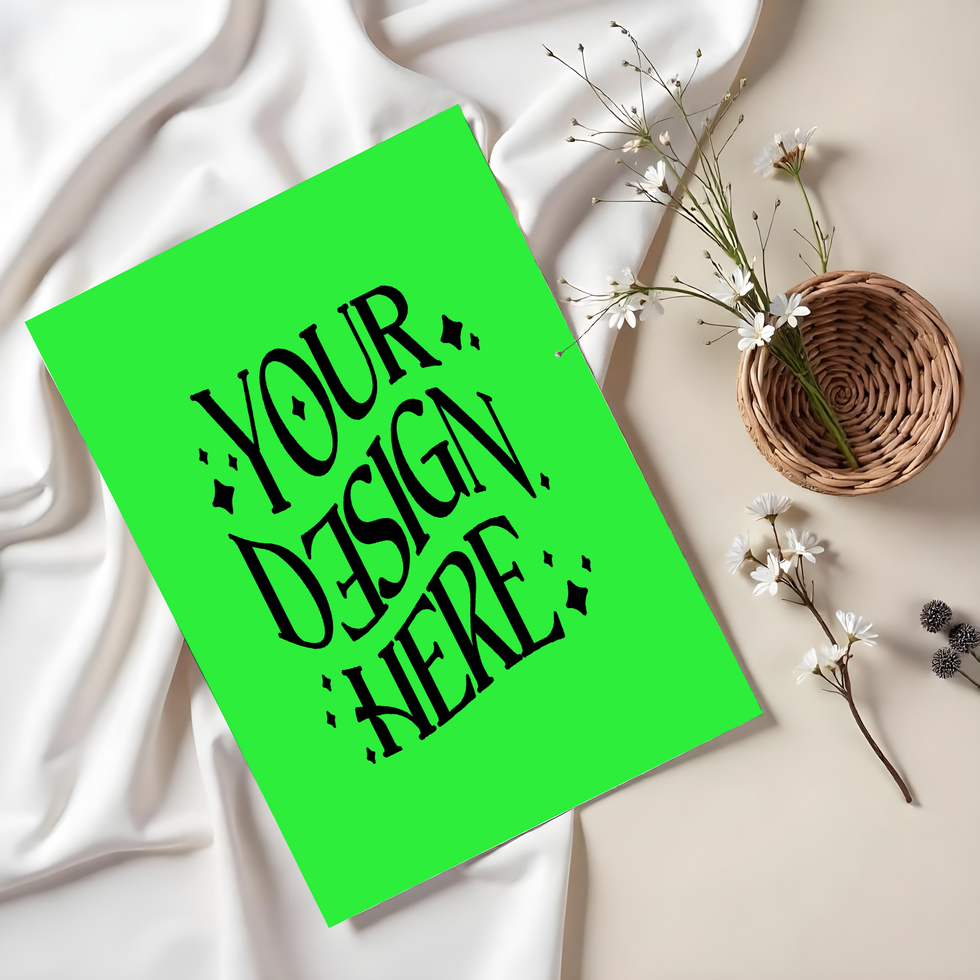 blank card with flower ,card mockup on cloth background green screen card mockup invitataion mockup card, paper mockup psd