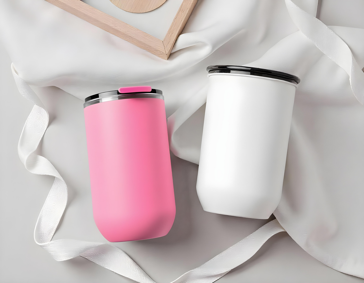 2 of coffee cup mockups, with cloth background, cups mockup, thumbler cups mockup psd