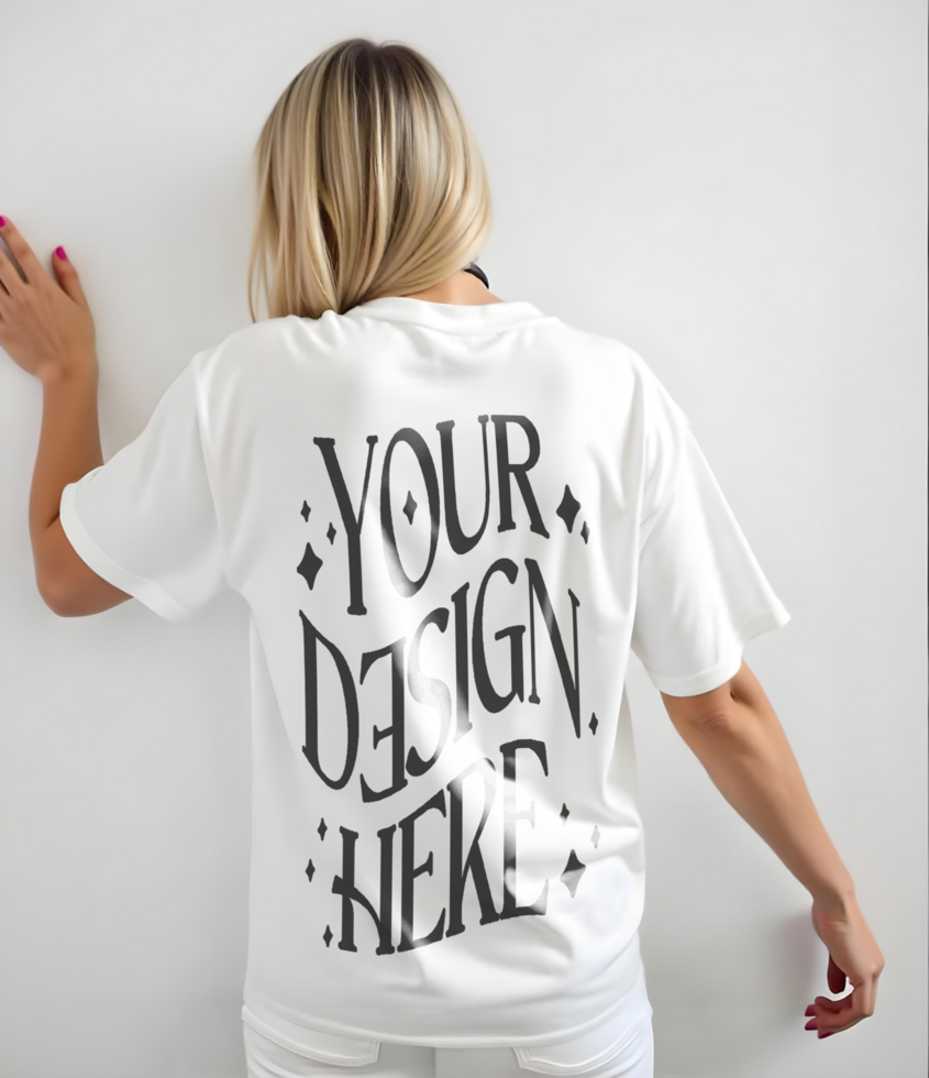 back T-shirt mockup used by blonde haired woman posing psd