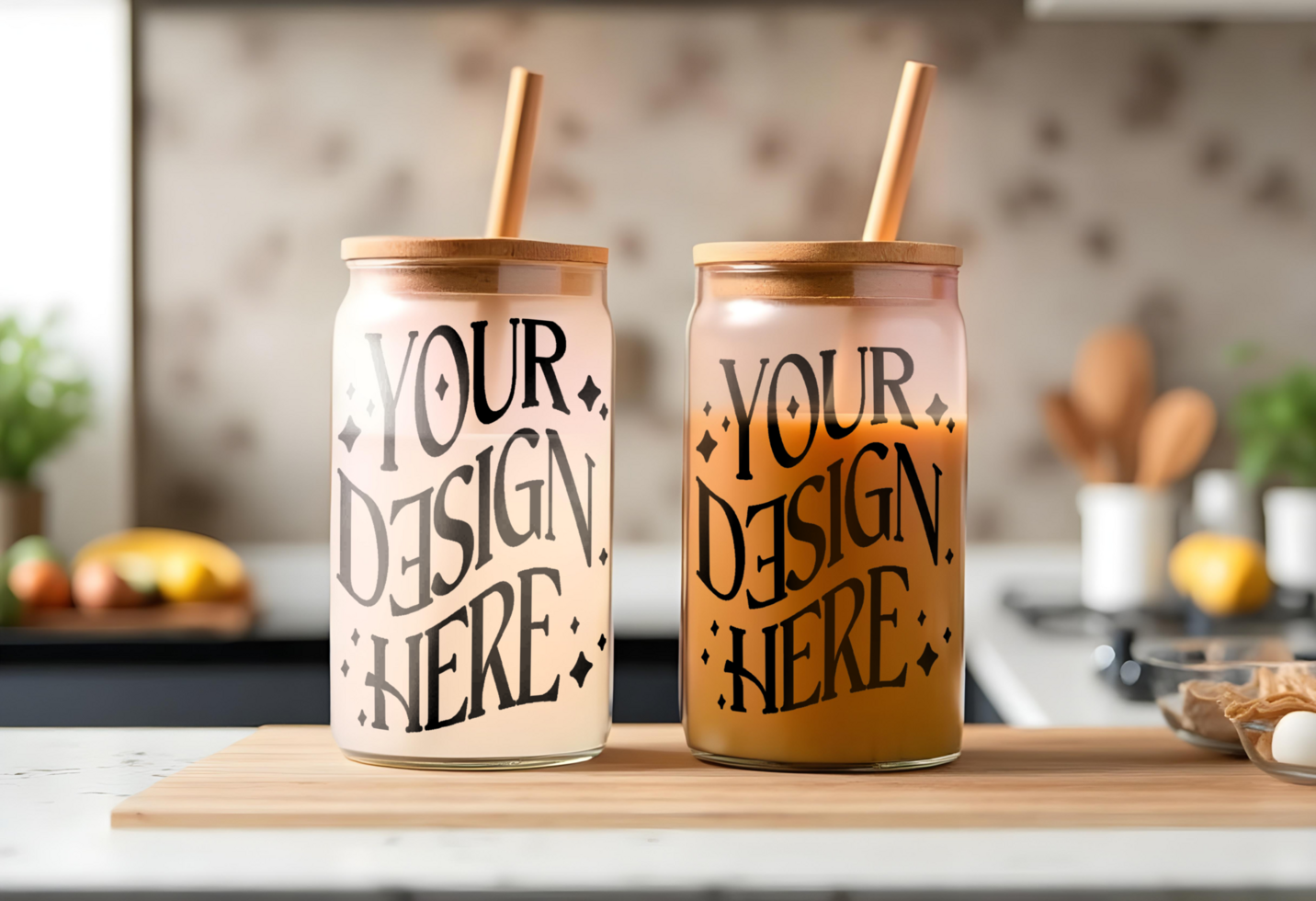 Two mockup glass cups with bamboo lids and straws, mockup cups, jar mockup, kitchen background psd
