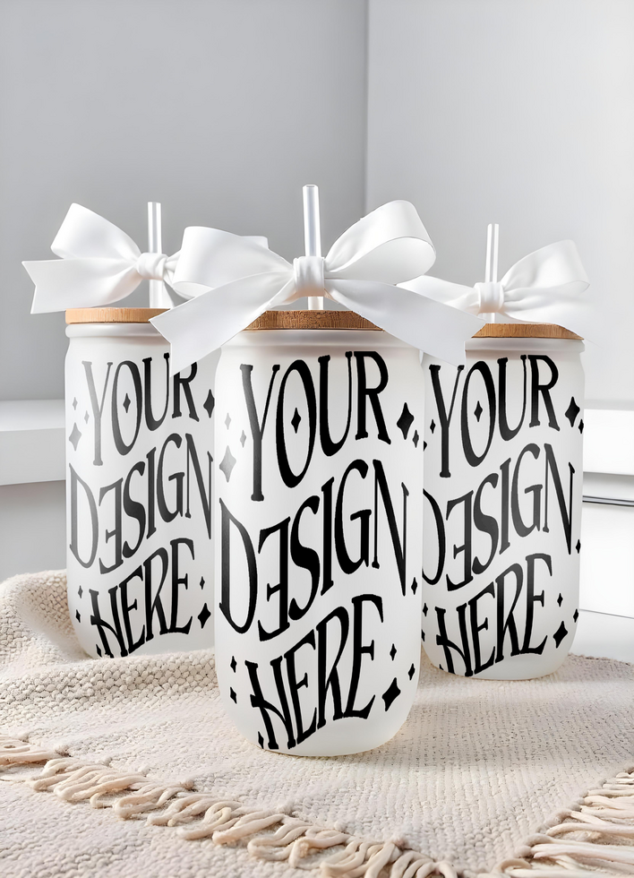 frosted glass cups mockup with bamboo lids and white ribbon bows, mockup cups, jar mockup psd