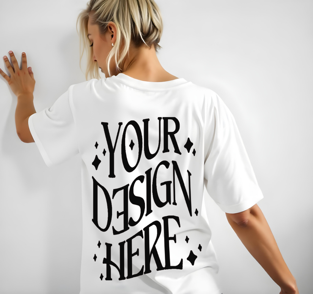 back T-shirt mockup used by blonde haired woman posing beautifully psd