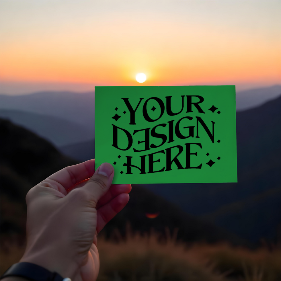 mockup of card being held in hand with sunset background in mountain psd
