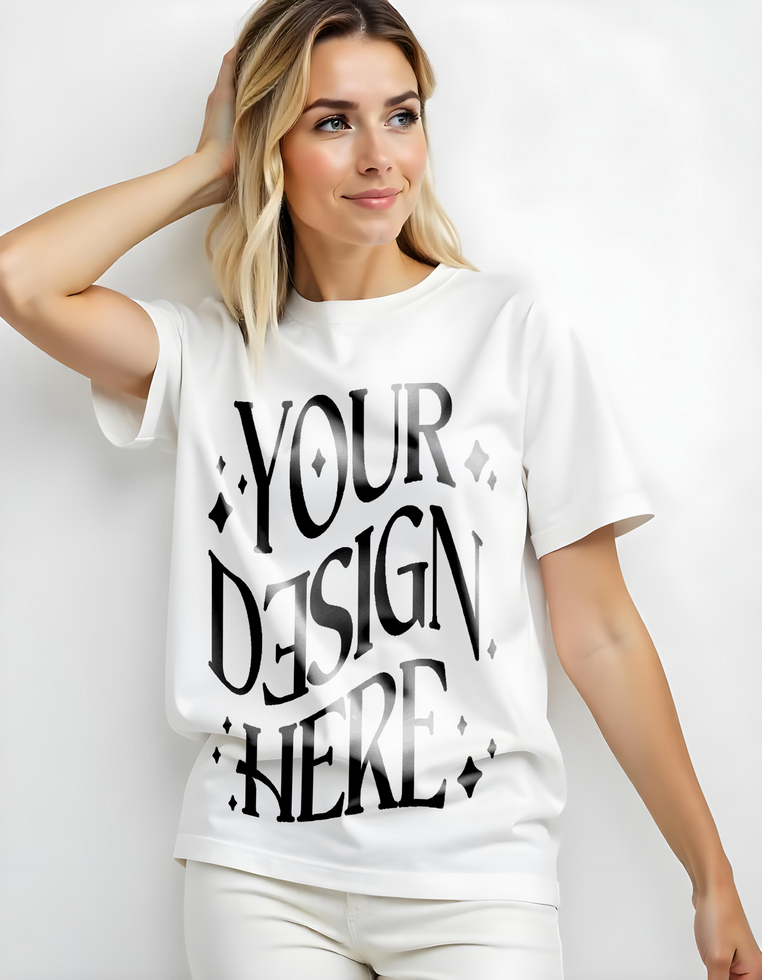 front T-shirt mockup used by blonde haired woman posing beautifully psd