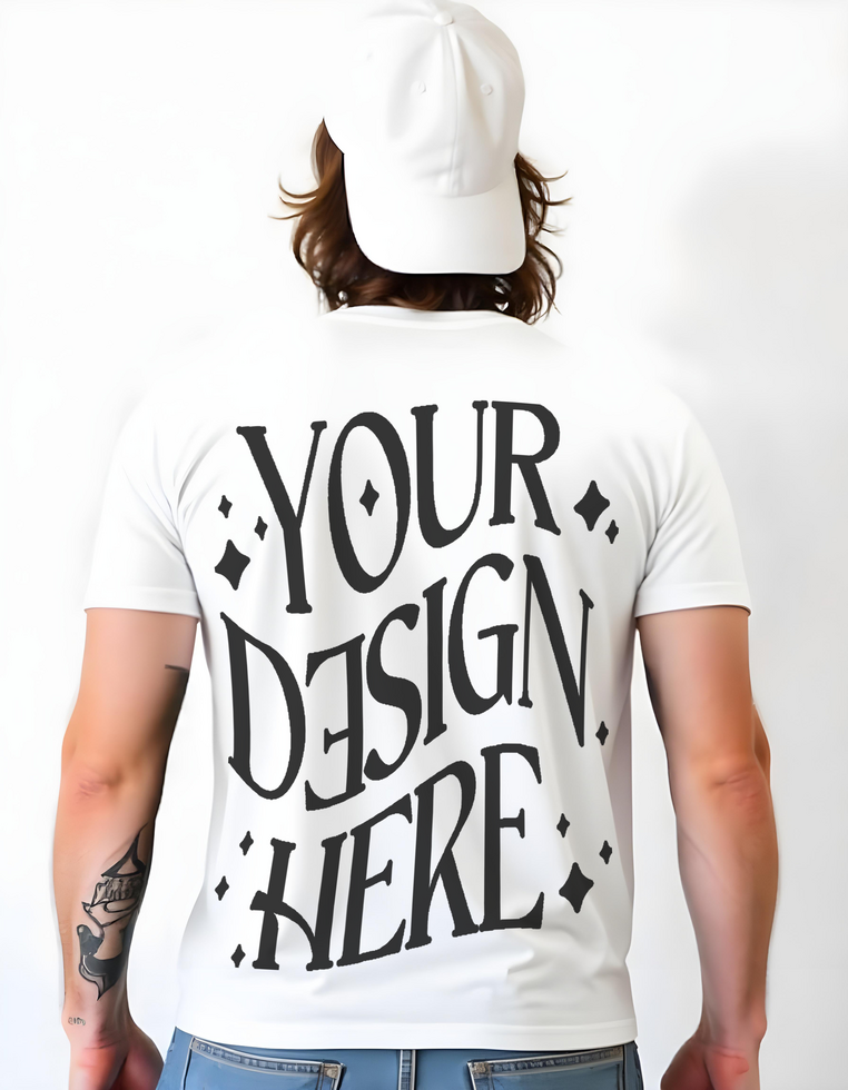 back White t-shirt mockup worn by a long-haired man wearing a white hat, tshirt mockup man, tshirt mockup, oversize tshirt mockup psd