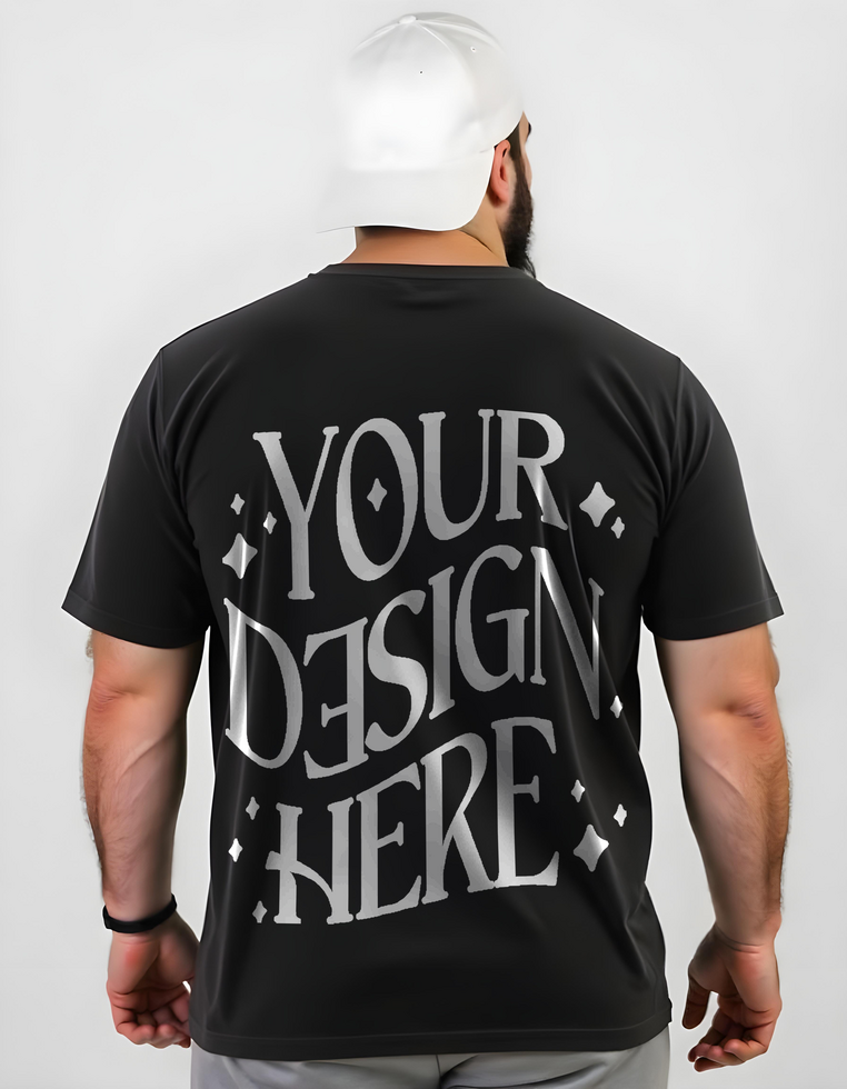 back black t-shirt mockup worn by a big man wearing a white hat, big size tshirt mockup man, tshirt mockup, oversize tshirt mockup psd
