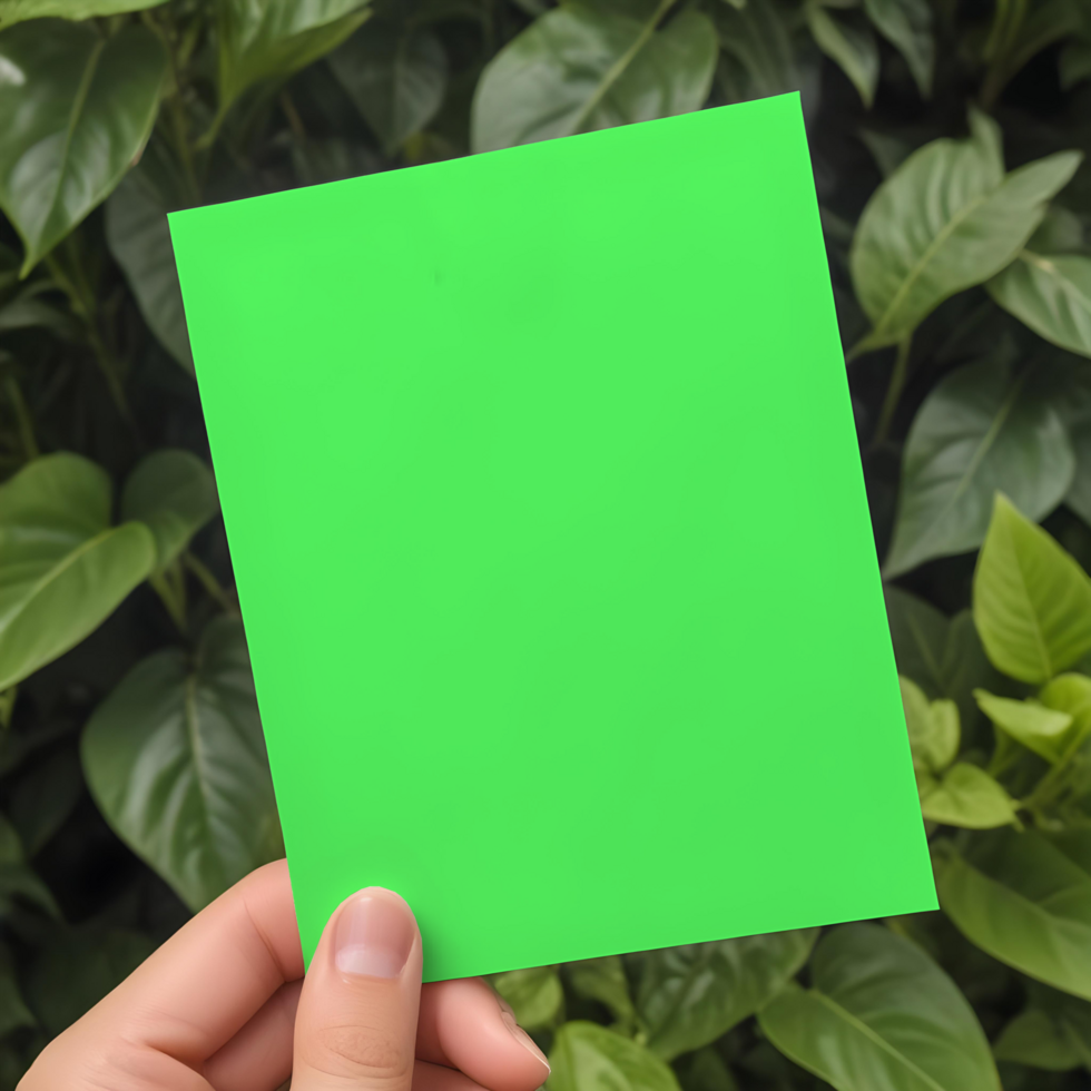 mockup of card being held in hand leaf background psd