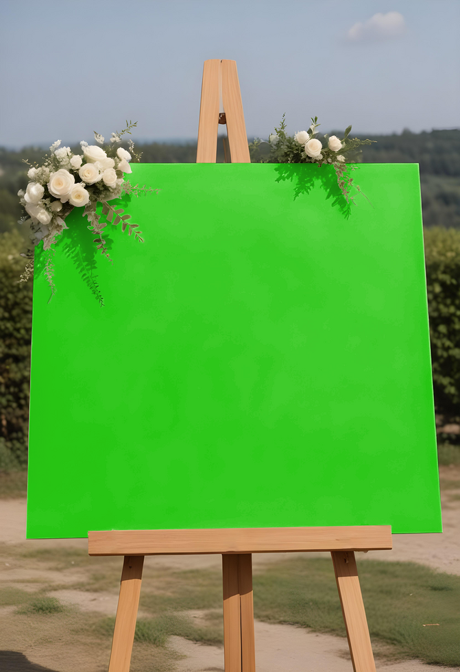 greenscreen canvas mockup in Wooden easel, mockup canvas, painting canvas mockup with flower psd