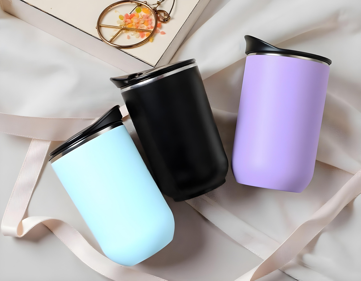 3 of coffee cup mockups, with cloth background, cups mockup, thumbler cups mockup psd