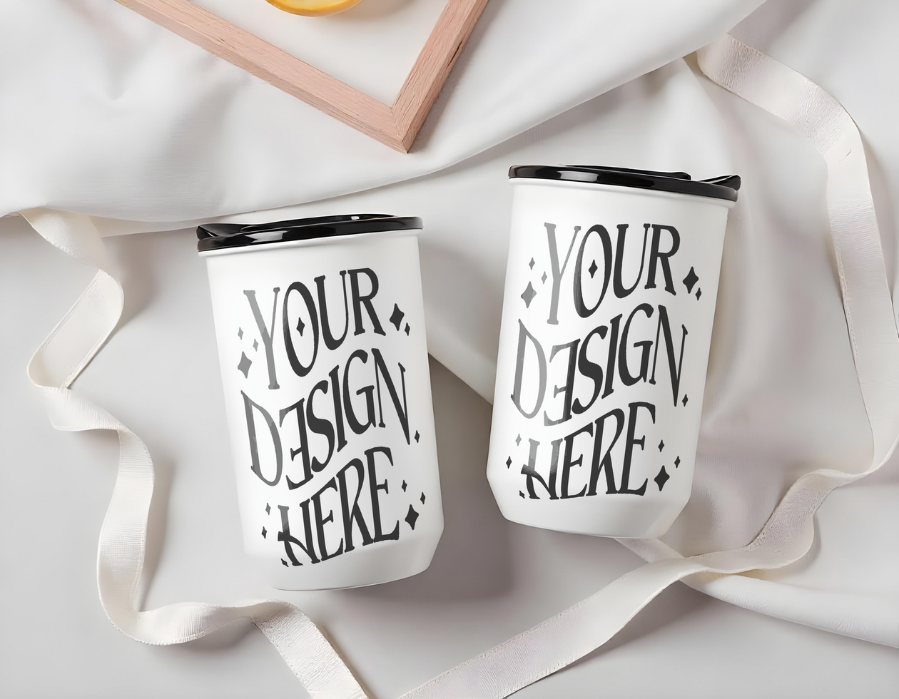 1 set of coffee cup mockups, with cloth background, cups mockup, thumbler cups mockup psd